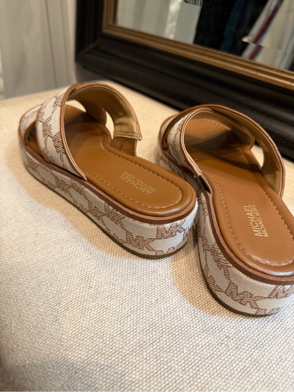 Michael Kors Brown & Cream Logo Platform Slide Mules